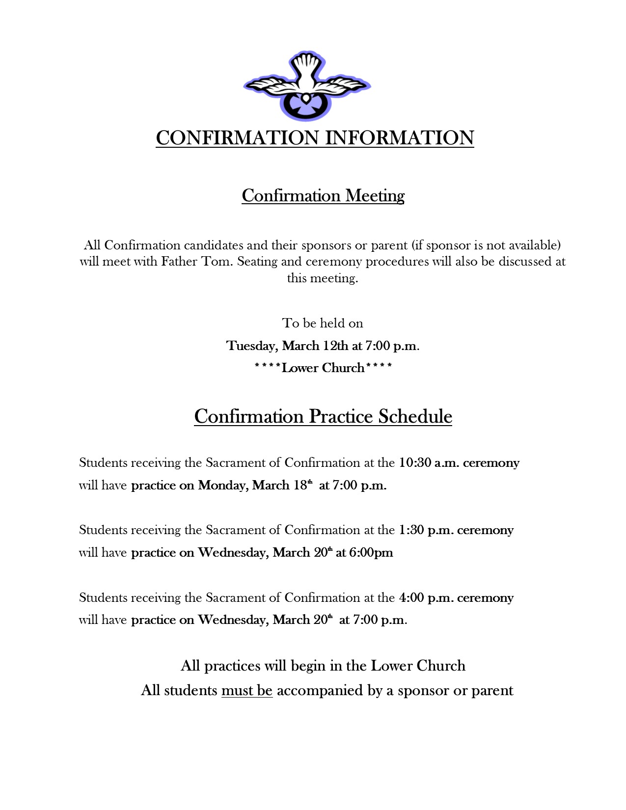 Confirmation practice schedule Our Lady of Victory Parish