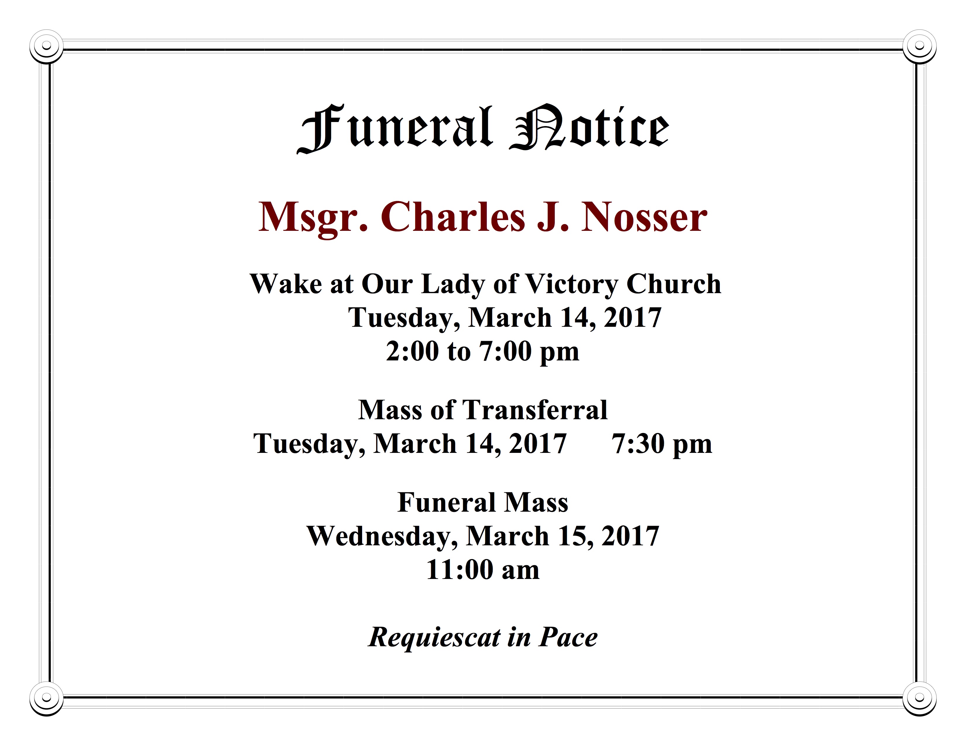 Funeral Notice Our Lady Of Victory Parish